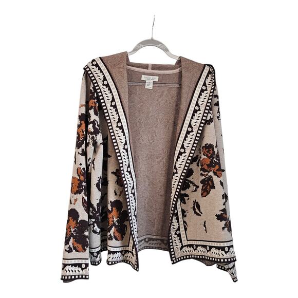 Rachel Zoe Floral Brown Beige Womens XL Open Front Cardigan Hooded Stretch - Picture 1 of 9